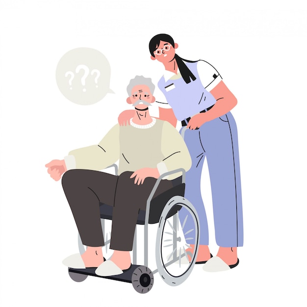 Un uomo anziano con malattia di alzheimer su una sedia invalida. Vettore Premium