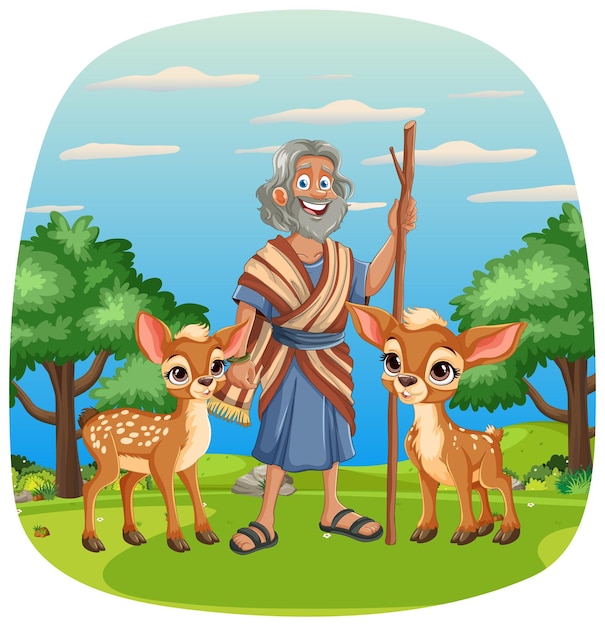 Vector elderly man with friendly fawns in nature