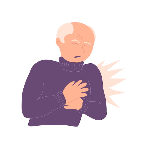 Elderly man with heart pain on white background