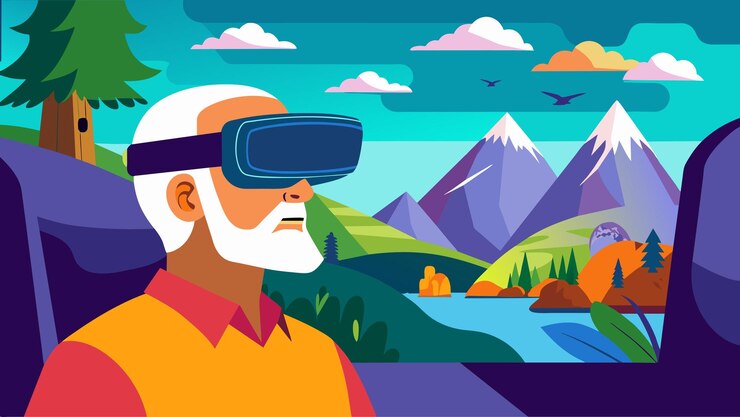 Vector an elderly man with limited vision uses virtual reality to take a virtual drive through a scenic