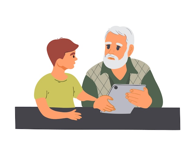 Elderly man with a little boy looking at a tablet