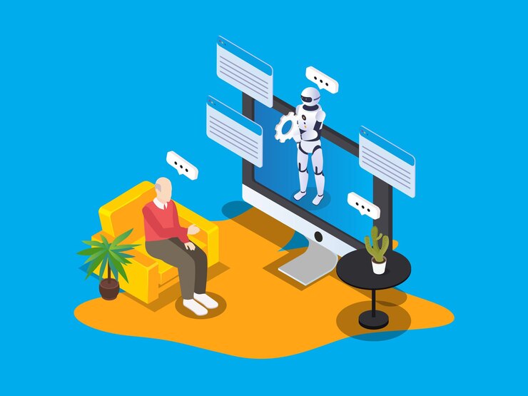 Vector elderly man with online robot consultation