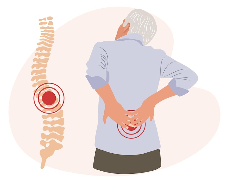 Vector an elderly man with pain in the lumbar vertebrae back pain muscle pain osteoarthritis rheumatoid