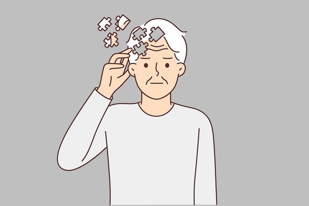 Elderly man with puzzles near head symbolizing dementia suffers from memory problems or alzheimer