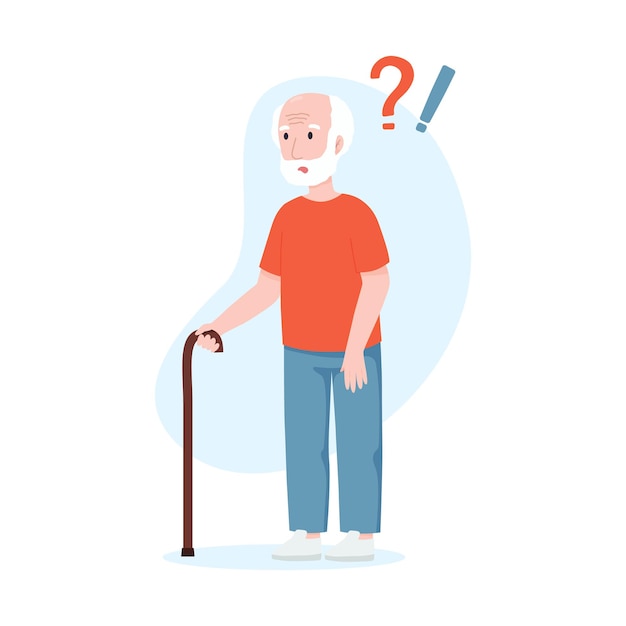 Vector elderly man with question marks senile dementia concept