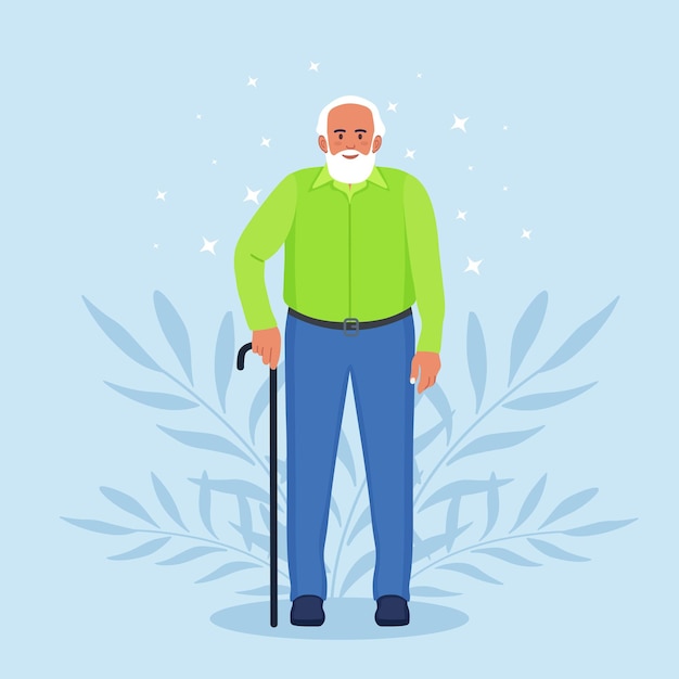 Vector elderly man with walking cane. handsome old man in casual outfit with stick