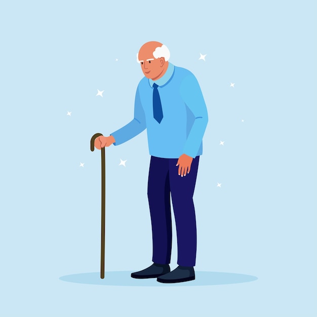 Vector elderly man with walking cane. handsome old man in casual outfit with stick