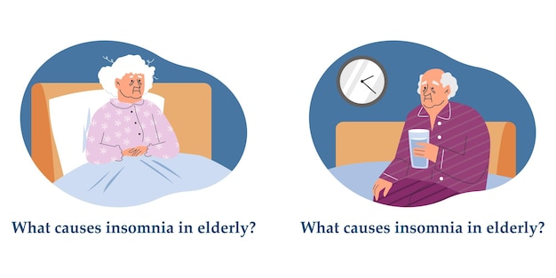Vector elderly man and woman suffer from insomnia flat style