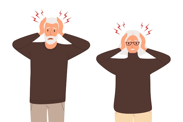 An elderly man and a woman with their heads in their hands because of pain or stress.