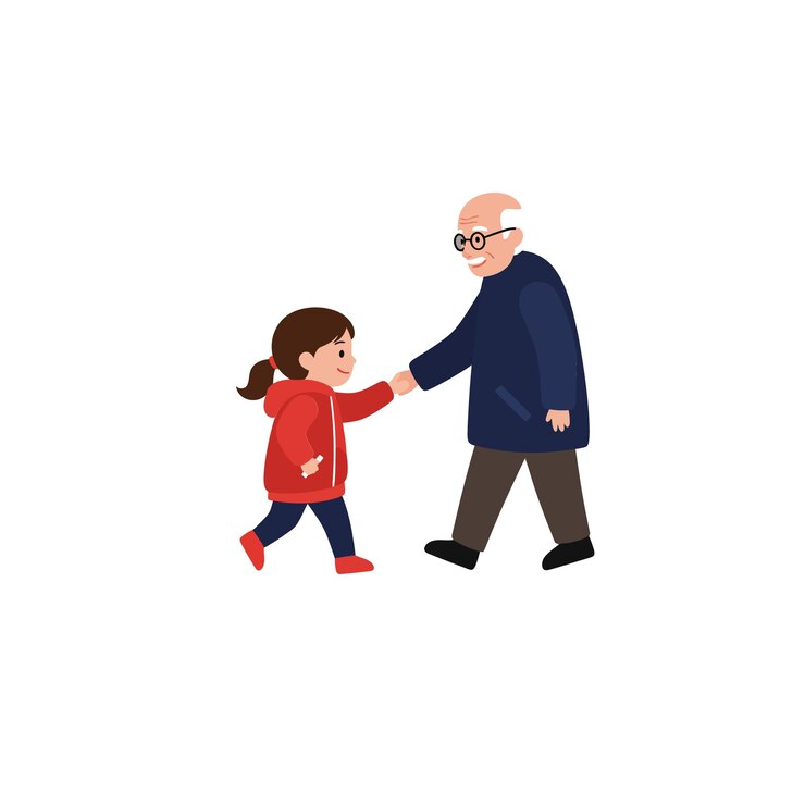 Elderly man and young girl walking hand in hand in flat vector art