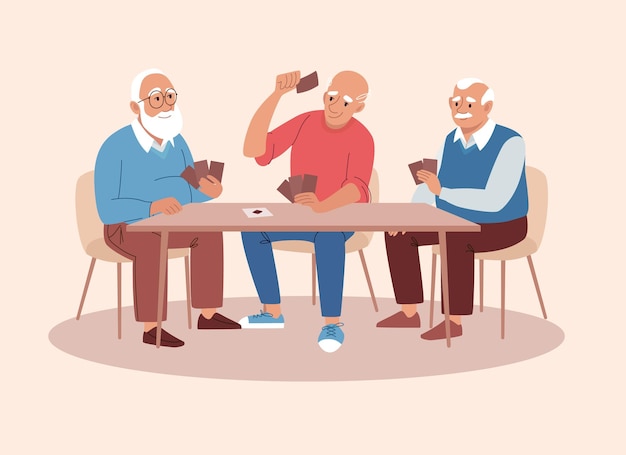 Elderly men have fun playing card board games Flat vector illustration