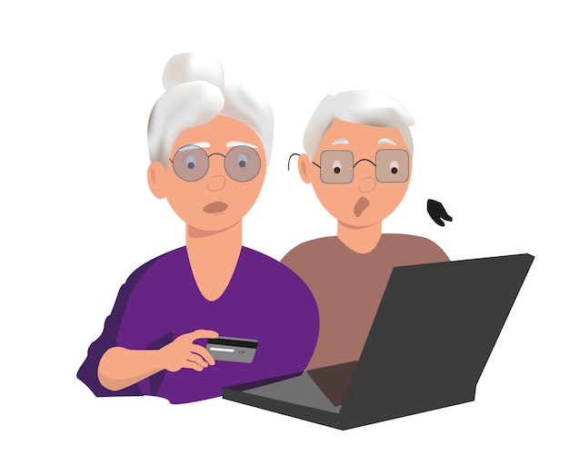 Elderly men and women at the computer with a credit card