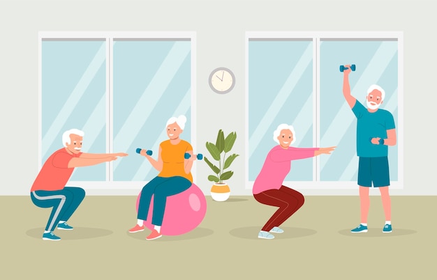 Elderly men and women doing exercises at modern gym flat style cartoon vector illustration