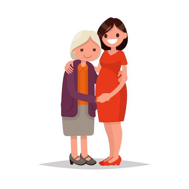 Elderly mother and adult daughter together. illustration of a flat design