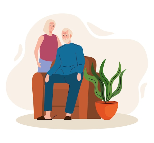 Elderly old couple seated in the livingroom characters