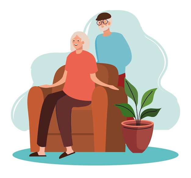 Vector elderly old couple seated in the livingroom