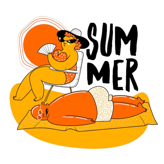 Vector elderly old couple sunbathing on beach