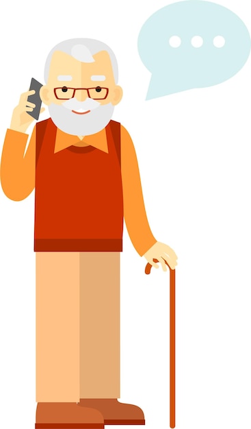 Vector elderly older man standing with cane and talking calling on smartphone