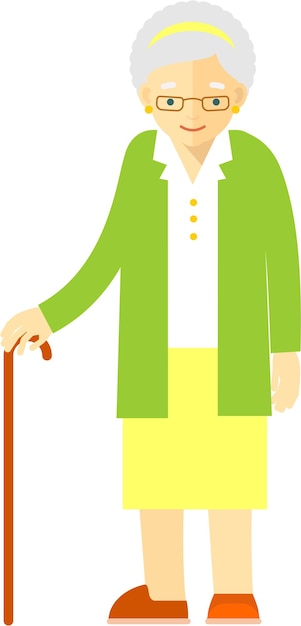 Vector elderly older woman walking with stick in flat style