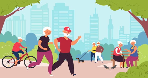 Vector elderly in park. old people, senior healthy lifestyle. retired family walk, cartoon grandparents summer recreation decent vector concept. senior old in park siiting on bench and walking illustration