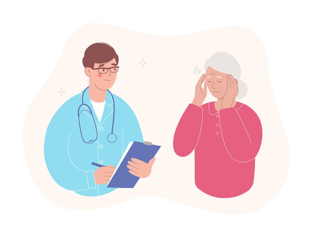 医師の診察を受けた高齢の患者高齢の女性が頭痛を持っている医療と相談