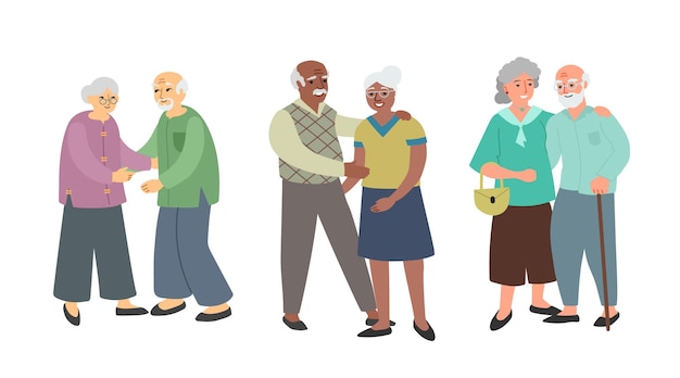 Vector elderly people couples. different ethnic and nationality.  illustration