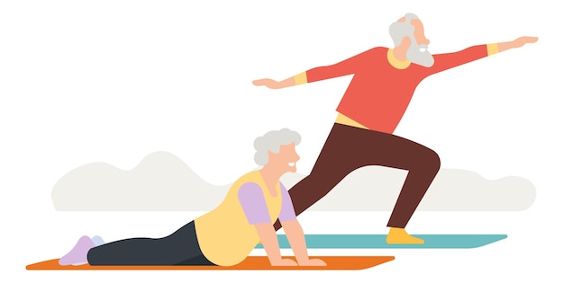 Vector elderly people exercise old man and woman doing yoga