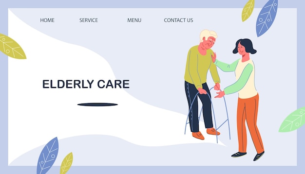 高齢者を支援する看護師介護者と高齢者ヘルスケアのウェブサイトのバナーテンプレート