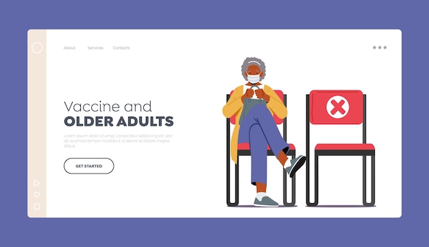 Elderly People Immunization Landing Page Template Old African Lady wear Mask Waiting Vaccination in Hospital Hall