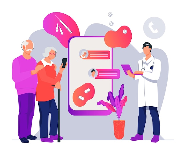 elderly people online medical support banner with a doctor consulting an older couple remotely