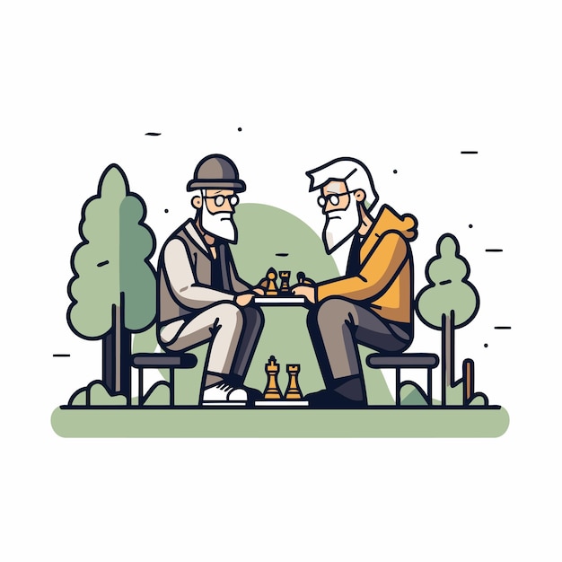 Vector elderly people playing chess in the park flat style vector illustration