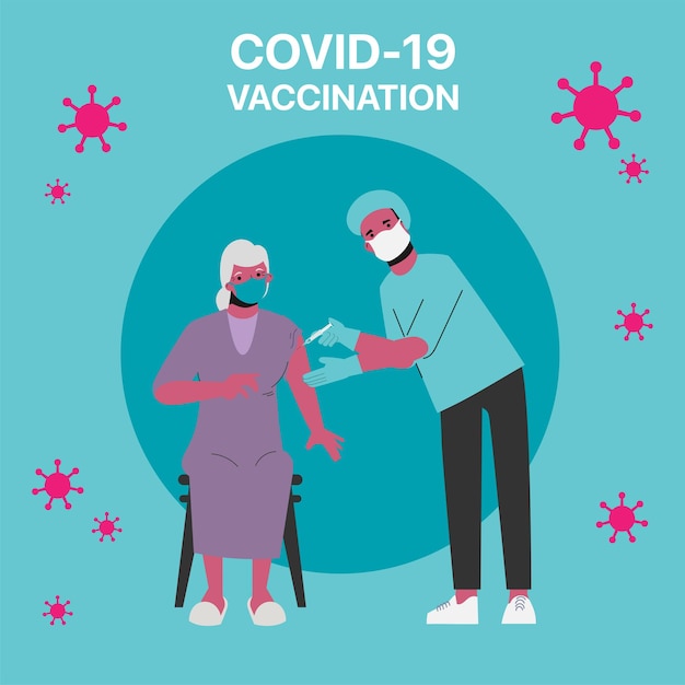 Elderly people at risk getting the covid-19 vaccine at hospital.