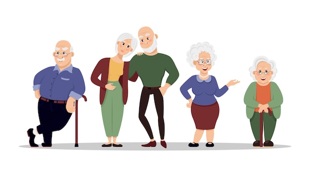 Vector elderly people and social workers grandparents and nurses on a white background old age flat style