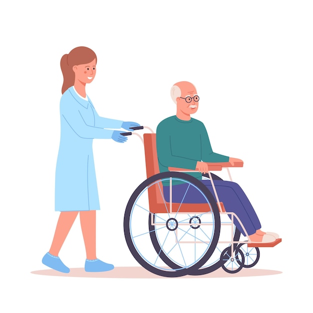 Elderly people support vector illustration of senior man in a wheelchair and a nurse helping him