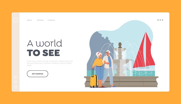 Elderly people traveling landing page template aged persons in voyage abroad senior tourist couple with luggage