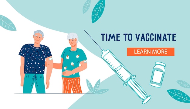 Vector elderly people vaccination against covid19 coronavirus or flu infection webpage