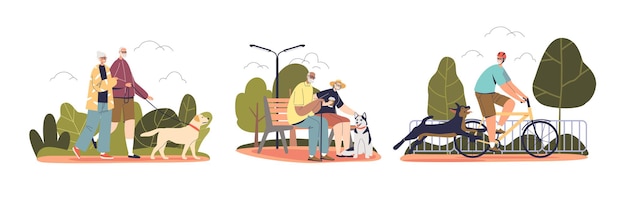 Elderly people walk dogs set of cartoon character senior men and women with pets outdoors in park