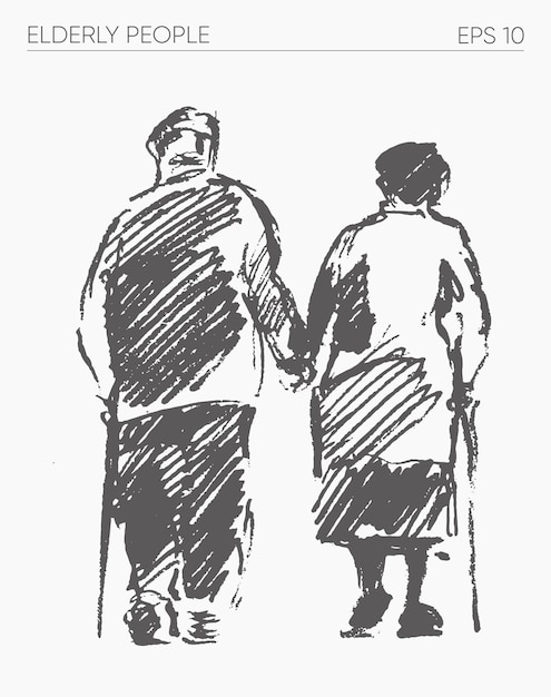 Elderly people walking together, hand drawn vector illustration