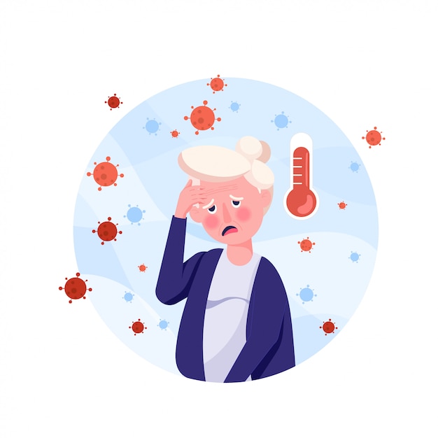 Le persone anziane hanno la febbre dei sintomi e hanno le vertigini in stile piatto. il virus corona si diffuse nell'aria.