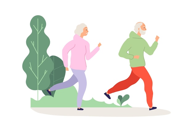 ベクトル 高齢者のランニング。祖父母は公園のトレーニング、幸せな老人のジョギング。