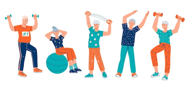Vector elderly senior active people cartoon characters doing sport elderly people healthy lifestyle