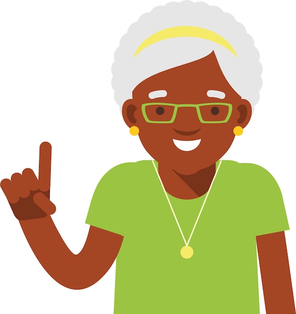 Vector elderly senior african american black woman point gesture finger up attention insight in flat style