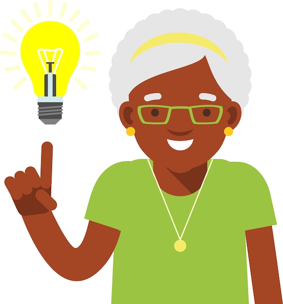 Пожилая старшая афроамериканская чернокожая женщина показывает пальцем вверх внимание и понимание лампочки