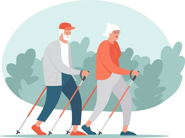 Vector elderly senior couple making nordic walking training together