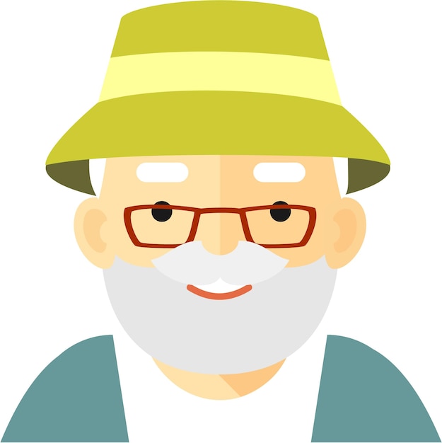 Vector elderly senior man in hat face icon in flat style