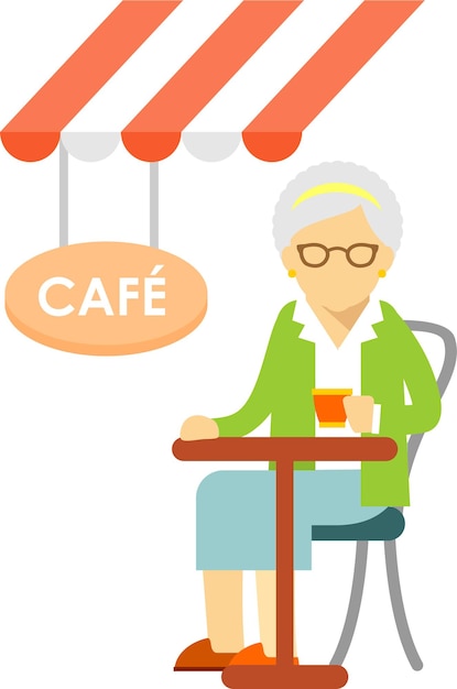 Elderly senior woman drinking coffee in cafe flat style