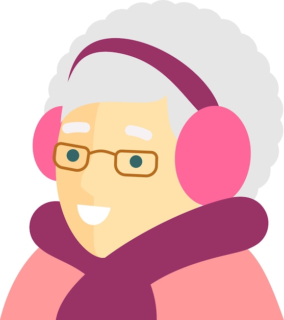 Icona anziana del volto di donna anziana in abiti invernali e cuffie in pelliccia in stile piatto