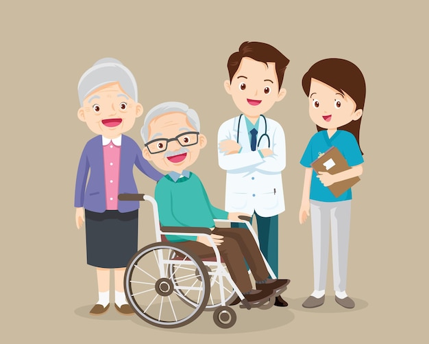 elderly sit on a wheelchair with doctor take care.disabled person in the wheelchair and doctors