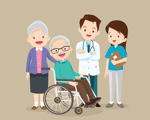 Vector elderly sit on a wheelchair with doctor take care.disabled person in the wheelchair and doctors