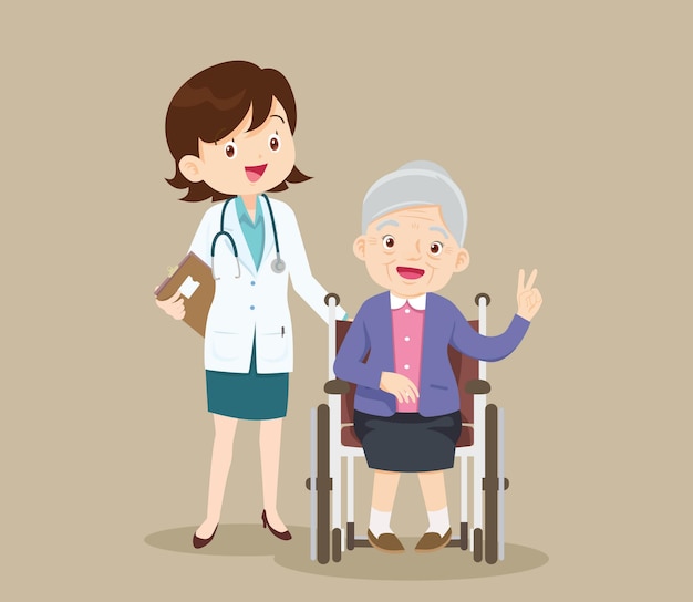 Vector elderly sit on a wheelchair with doctor take care disabled person